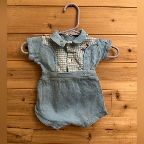 Vintage Baby Boy Newborn Bundle Yellow Blue Tan Collared Romper Outfit - Picture 2 of 16